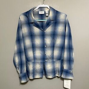 Liz Claiborne Woman's Blouse 14W Blue Plaid Peplum Tencel Long Sleeve Button‎ Up